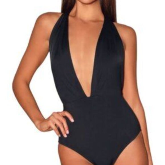 Black Halter One-Piece Swimsuit - Picture 1 of 3
